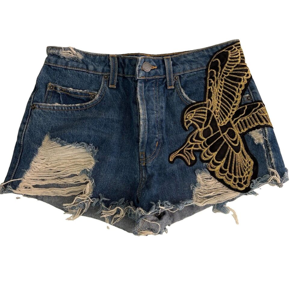 CARMAR Womens 27 High Rise Distressed Denim Shorts Eagle Patch Cutoff Y2K Boho